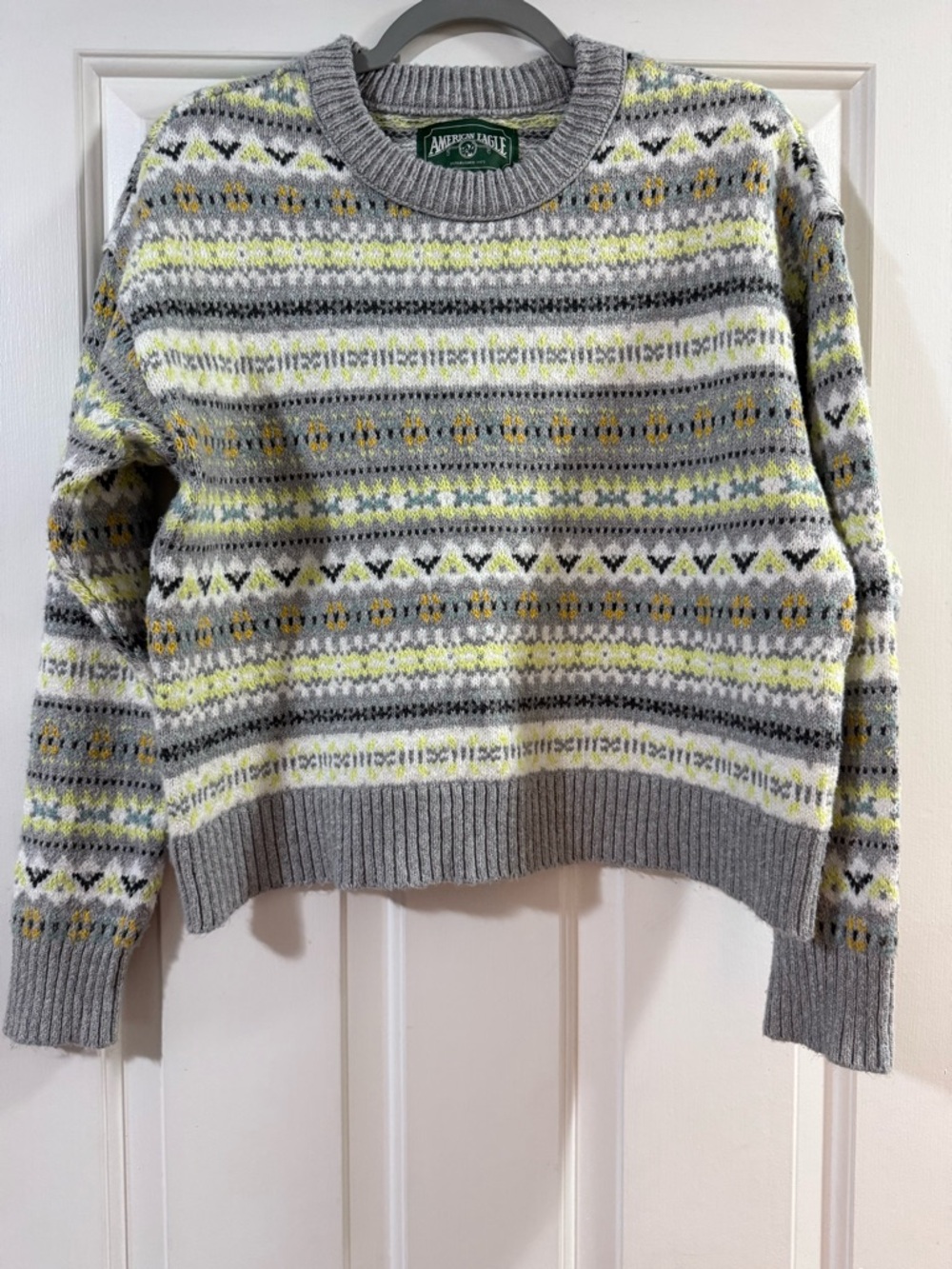American Eagle Outfitters Gray Crewneck Sweater with Yellow & White Fair Isle